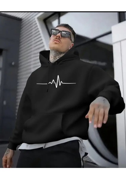 Unisex Oversize Kapüşonlu Sweatshirt Kalp Ritmi Desenli