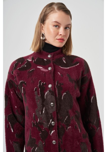 Desenli Düğme Detay Angora Hırka 7006 Bordo