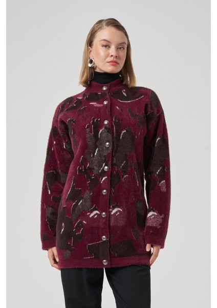 Desenli Düğme Detay Angora Hırka 7006 Bordo fırsatları