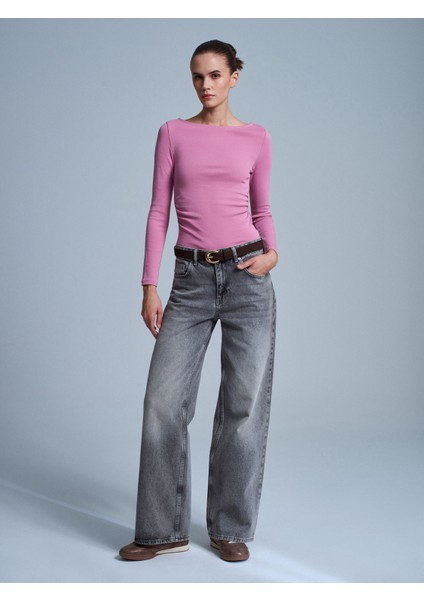 31401 Büzgülü Kayık Yaka Top-Gül