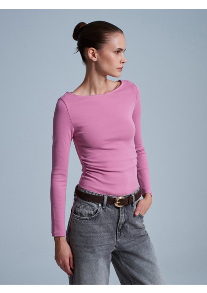 31401 Büzgülü Kayık Yaka Top-Gül indirimleri