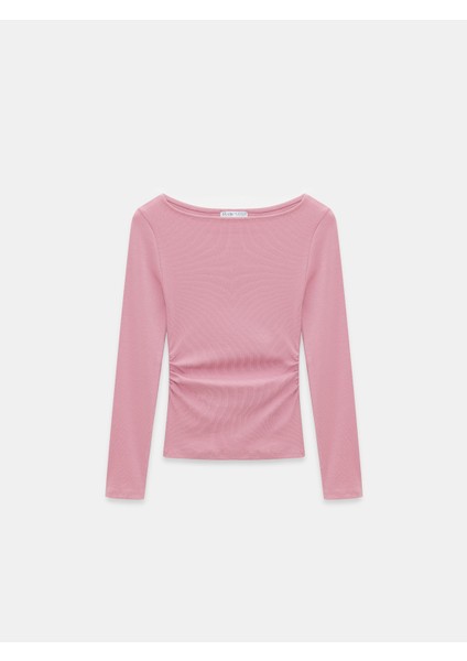 31401 Büzgülü Kayık Yaka Top-Gül