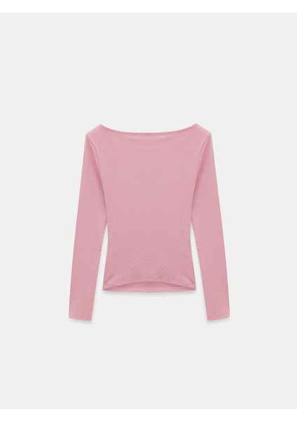 31401 Büzgülü Kayık Yaka Top-Gül