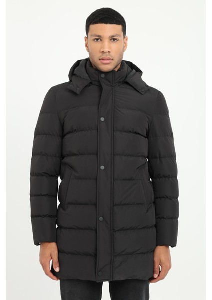 Siyah Slim Fit Şişme Kapüşonlu Erkek Mont
