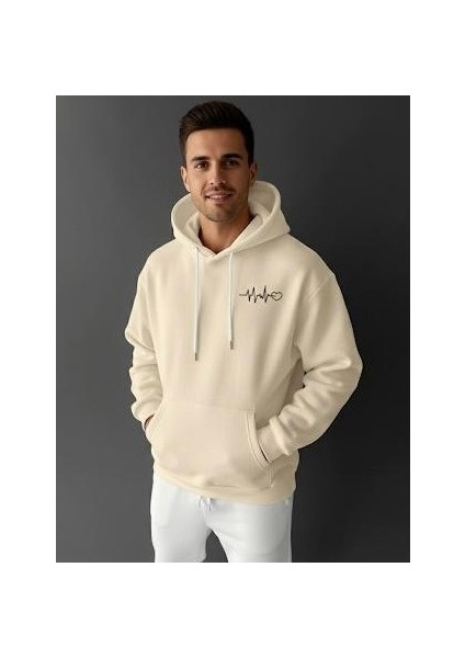 Unisex Oversize Kapüşonlu Sweatshirt Kalp Ritmi Desenli