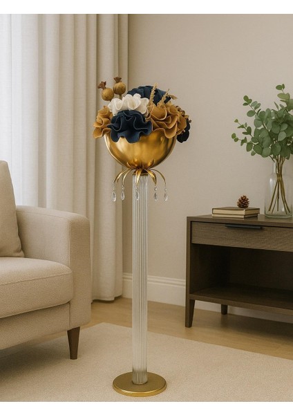 Lüks Büyük Boydan Camlı Lotus - Latex Aranjman - Metal Saksı Gold