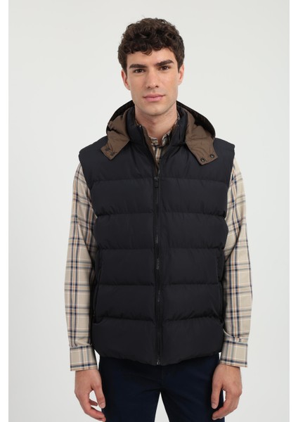 Lacivert Erkek Slim Fit Şişme Kapüşonlu Yelek Mont