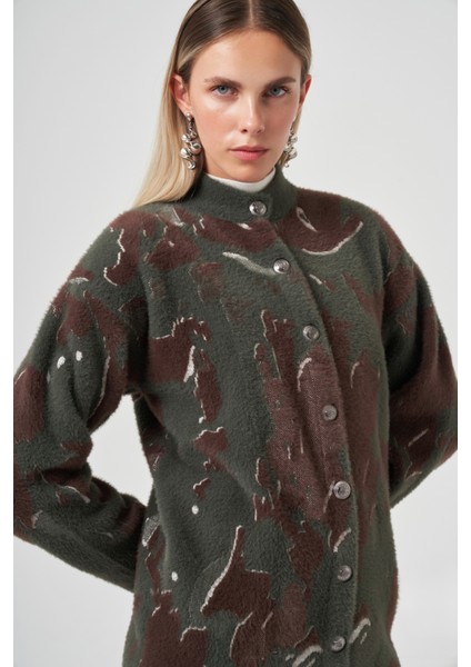 Desenli Düğme Detay Angora Hırka 7006 Haki