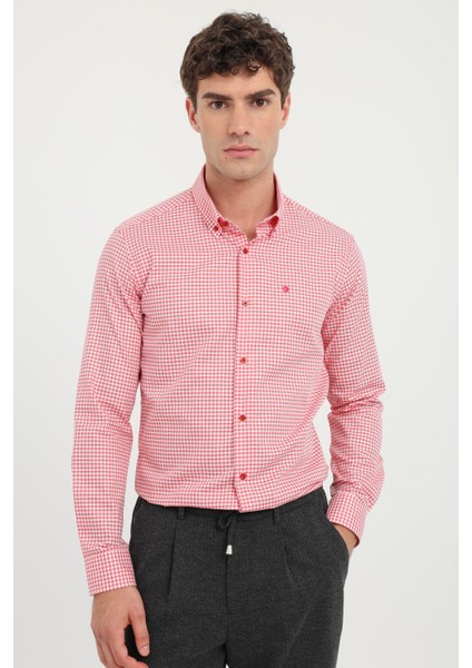 Kırmızı Erkek Slim Fit Desenli Brent Yaka Uzun Kol Gömlek