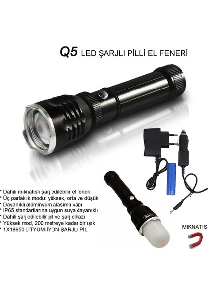 Flaşörlü Uzun Mesafeli Şarjlı Pilli Mıknatıslı El Feneri WT-282