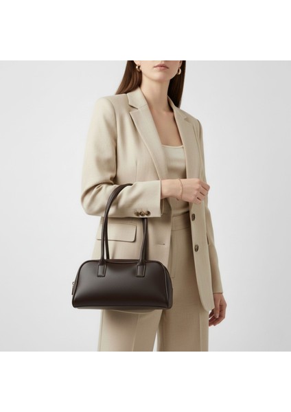 Yatay Formlu Çift Saplı Omuz Çantası - Acı Kahve modelleri