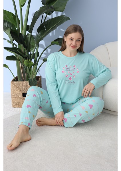 60103 Poly Viscon Uzun Kol Bayan Pijama Takımı-Mint Yeşili--