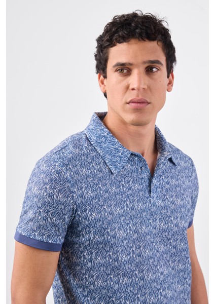 Lacivert Erkek Ekstra Slim Fit Desenli Casual Polo Yaka T-shirt - 94382