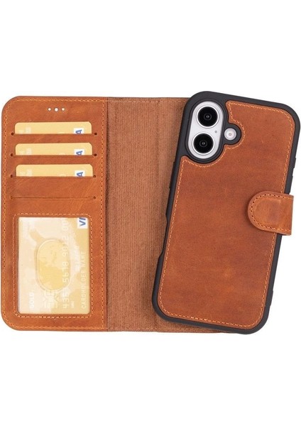 Apple iPhone 16 Plus Uyumlu, Hakiki Deri, El Yapımı, Cüzdanlı Kılıf, Karamel fırsatları
