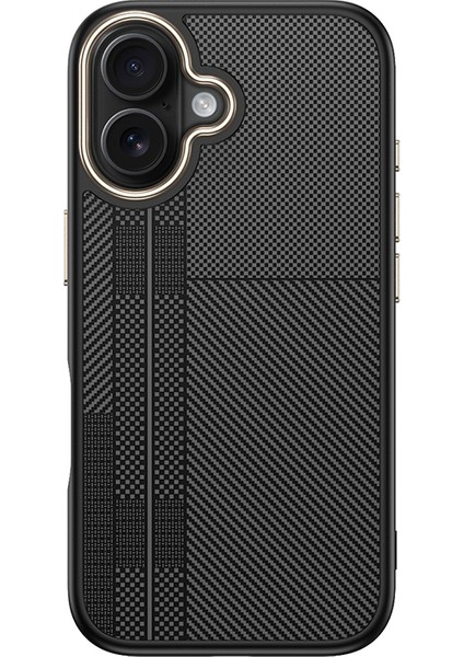 iPhone 16 Plus Kılıf M-Safe Şarj Özellikli Karbon Fiber Görünümlü Vlmt Antina Kapak - Siyah-Gri
