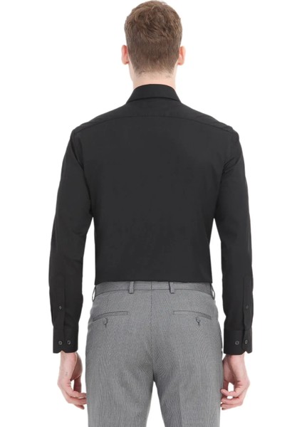 Siyah Düz Slim Fit Dokuma Klasik Pamuk Karışımlı Gömlek