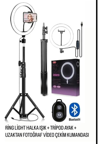 Kumandalı, Işıklı, Ayaklı Youtuber, Tiktok Çekim Telefon Tutucu, Influencer Makyaj Işığı 70 cm ile 210 cm Yükseklik