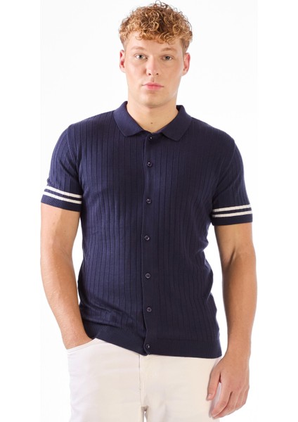 Lacivert Polo Düğmeli Fitilli Kısa Kollu Slim Fit Erkek Triko indirimleri