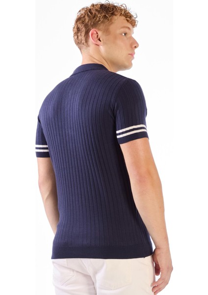 Lacivert Polo Düğmeli Fitilli Kısa Kollu Slim Fit Erkek Triko