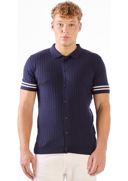 Lacivert Polo Düğmeli Fitilli Kısa Kollu Slim Fit Erkek Triko