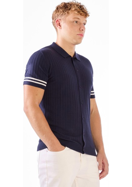 Lacivert Polo Düğmeli Fitilli Kısa Kollu Slim Fit Erkek Triko