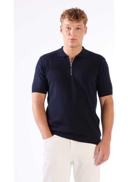 Lacivert Fermuarlı Polo Yaka Kısa Kollu Örgü Slim Fit Erkek Triko fırsatları