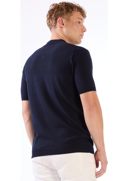 Lacivert Fermuarlı Polo Yaka Kısa Kollu Örgü Slim Fit Erkek Triko indirimleri