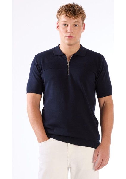 Lacivert Fermuarlı Polo Yaka Kısa Kollu Örgü Slim Fit Erkek Triko