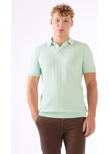 Su Yeşili Erkek Slim Fit Balıksırtı Desenli Polo Yaka Triko