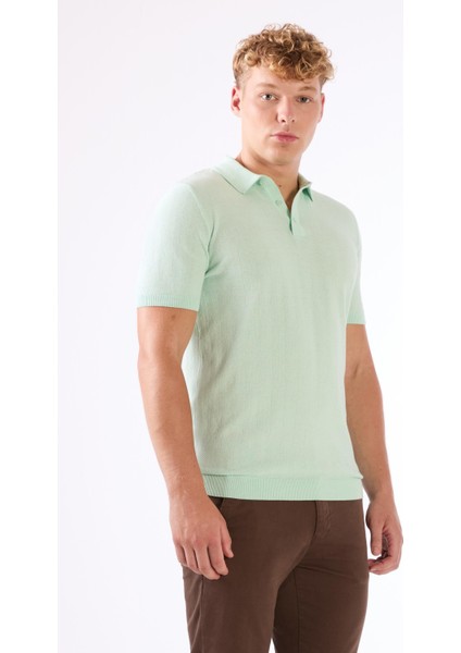 Su Yeşili Erkek Slim Fit Balıksırtı Desenli Polo Yaka Triko