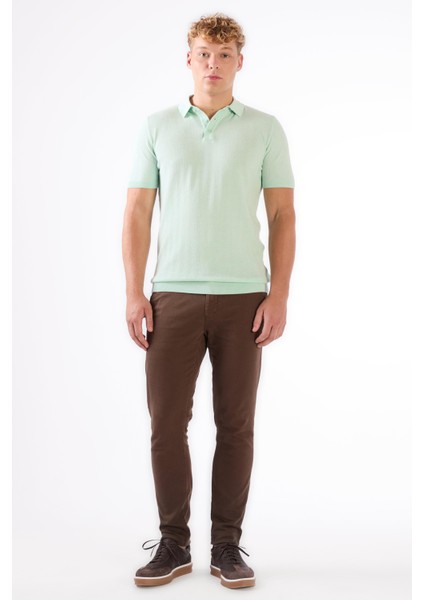 Su Yeşili Erkek Slim Fit Balıksırtı Desenli Polo Yaka Triko