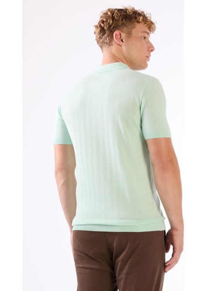 Su Yeşili Erkek Slim Fit Balıksırtı Desenli Polo Yaka Triko