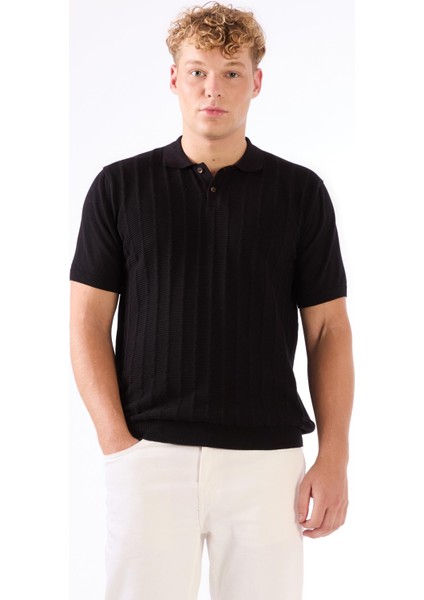 Siyah Polo Düğmeli Kısa Kollu Düz Renk Fitilli Slim Fit Erkek Triko fırsatları