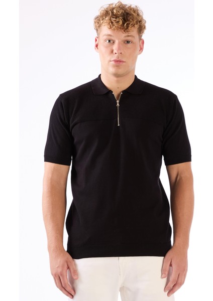 Siyah Fermuarlı Polo Yaka Kısa Kollu Örgü Slim Fit Erkek Triko indirimleri