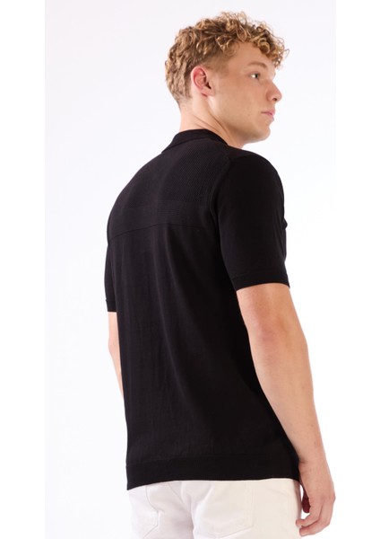 Siyah Fermuarlı Polo Yaka Kısa Kollu Örgü Slim Fit Erkek Triko