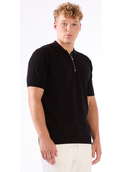 Siyah Fermuarlı Polo Yaka Kısa Kollu Örgü Slim Fit Erkek Triko