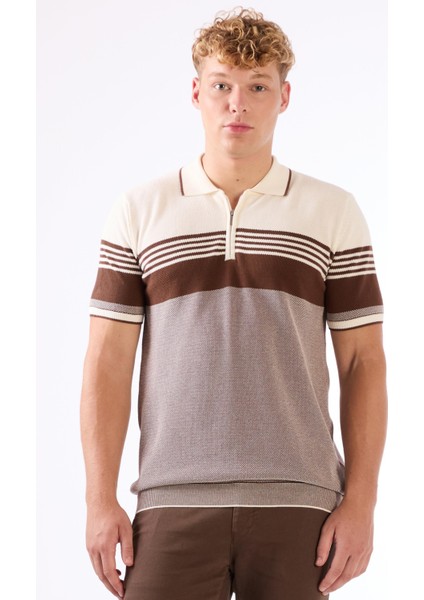 Kahve Çizgili Desen Fermuarlı Polo Yaka Kısa Kollu Slim Fit Erkek Triko indirimleri