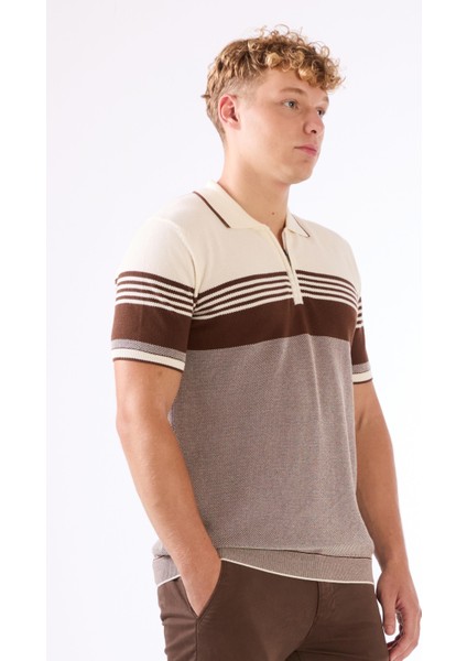 Kahve Çizgili Desen Fermuarlı Polo Yaka Kısa Kollu Slim Fit Erkek Triko