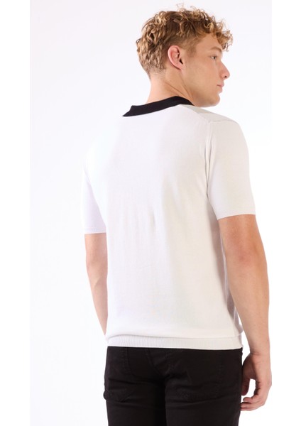 Siyah Polo V Yaka Blok Desen Kısa Kollu Slim Fit Erkek Triko indirimleri