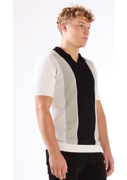Siyah Polo V Yaka Blok Desen Kısa Kollu Slim Fit Erkek Triko