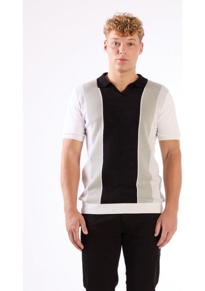 Siyah Polo V Yaka Blok Desen Kısa Kollu Slim Fit Erkek Triko