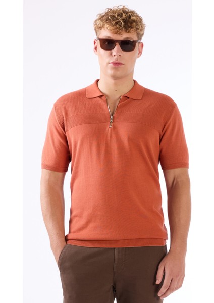 Kiremit Fermuarlı Polo Yaka Kısa Kollu Örgü Slim Fit Erkek Triko indirimleri