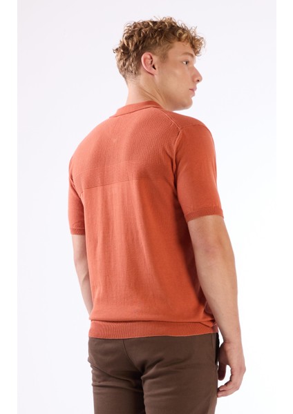 Kiremit Fermuarlı Polo Yaka Kısa Kollu Örgü Slim Fit Erkek Triko