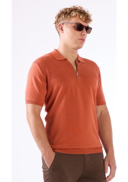 Kiremit Fermuarlı Polo Yaka Kısa Kollu Örgü Slim Fit Erkek Triko