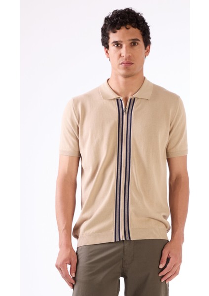 Bej Polo Fermuar Yaka Düz Kısa Kollu Slim Fit Erkek Triko indirimleri