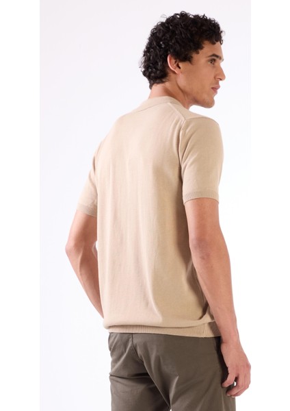 Bej Polo Fermuar Yaka Düz Kısa Kollu Slim Fit Erkek Triko