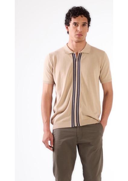Bej Polo Fermuar Yaka Düz Kısa Kollu Slim Fit Erkek Triko