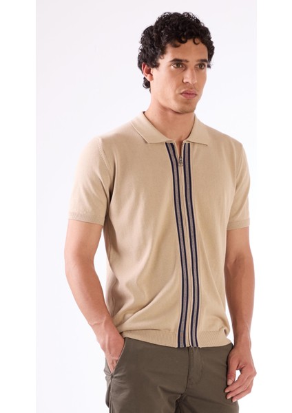 Bej Polo Fermuar Yaka Düz Kısa Kollu Slim Fit Erkek Triko