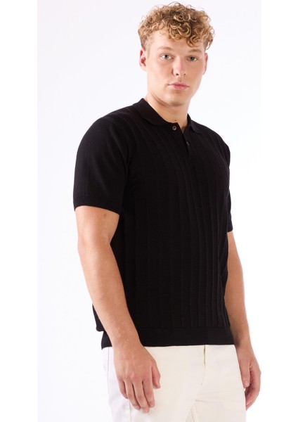 Siyah Polo Düğmeli Kısa Kollu Düz Renk Fitilli Slim Fit Erkek Triko indirimleri