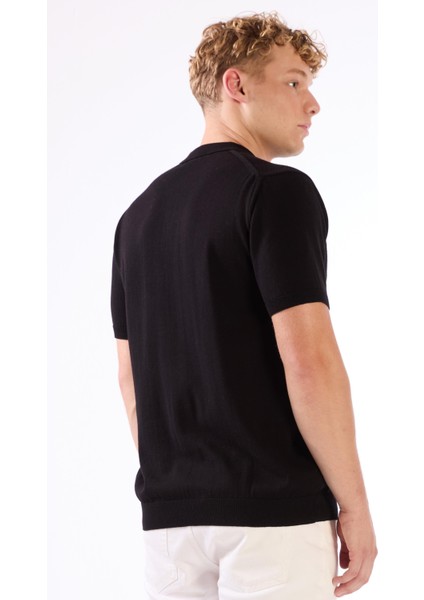 Siyah Polo Düğmeli Kısa Kollu Düz Renk Fitilli Slim Fit Erkek Triko
